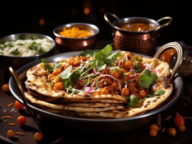 Chole ou chana masala com curry picante de grão de bico paratha servido com laccha parantha