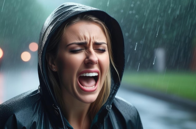 choque e colapso emocional depressão chateada mulher caucasiana grita chora na rua sob a chuva