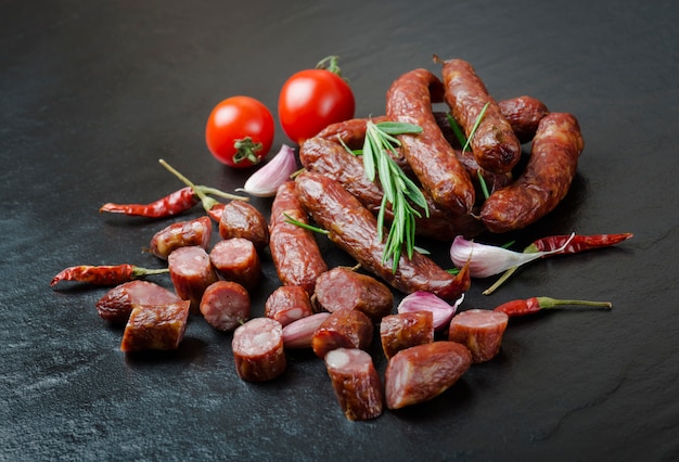 Chorizo ahumado con romero, pimiento, tomate y ajo sobre negro