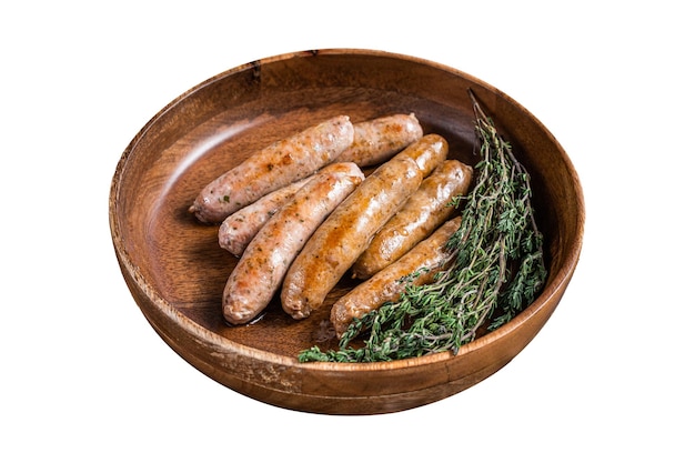 Chorizo frito e salsichas Bratwurst em um prato de madeira Isolado em fundo branco Vista superior