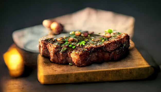 Chorizo medio jugoso de Rib Eye de ternera en un corte tradicional sobre una tabla de madera con hierbas, especias y sal