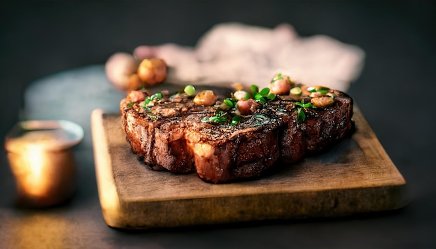 Chorizo medio jugoso de Rib Eye de ternera en un corte tradicional sobre una tabla de madera con hierbas, especias y sal