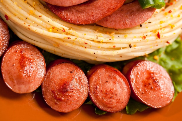 Chorizo a la plancha con pasta, verduras y especias