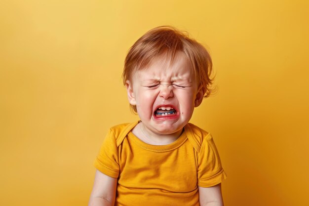 Choro chateado incompreendido estressado triste bebê em fundo de cor de estúdio