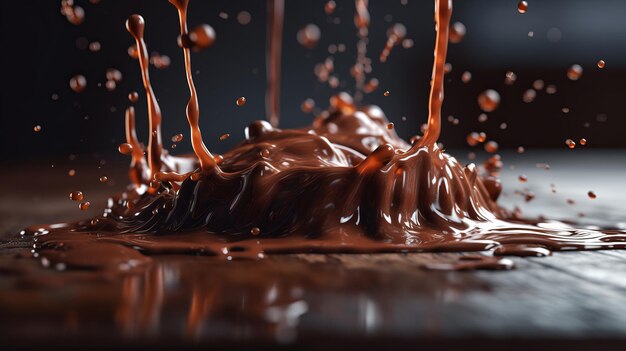 Un chorrito de chocolate con una gota de agua sobre la mesa Al generado