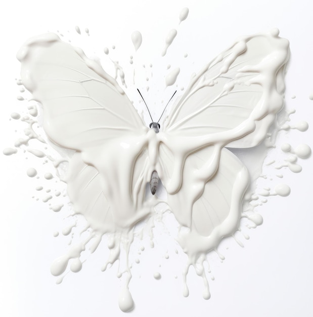 Un chorrito de leche en forma de mariposa sobre un fondo blanco.