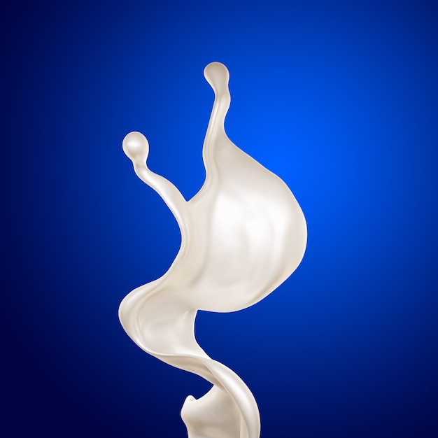 Un chorrito de leche sobre un fondo azul. Ilustración 3d, renderizado 3d.