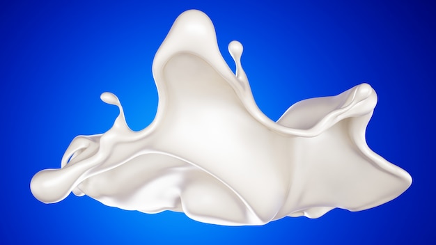 Un chorrito de leche sobre fondo azul. Representación 3d