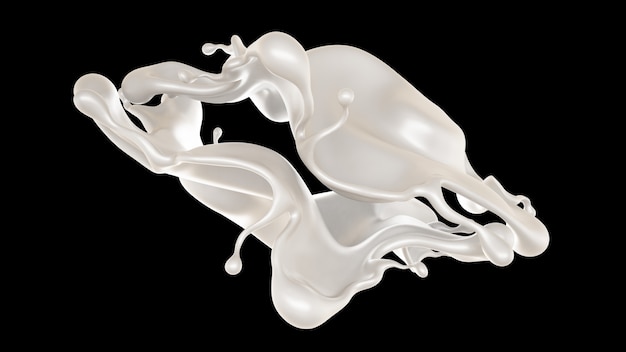 Un chorrito de leche sobre un fondo negro. Representación 3d