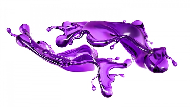 Un chorrito de líquido transparente de color púrpura sobre fondo blanco. Representación 3d