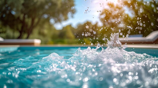 Un chorro de agua refrescante salta de una piscina cristalina.