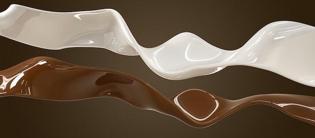 Chorro de leche y líneas de ondas blancas y marrones de chocolate caliente con textura fundida brillante líquida 3D Render Fondo abstracto con flujo de café y crema aislado sobre fondo oscuro