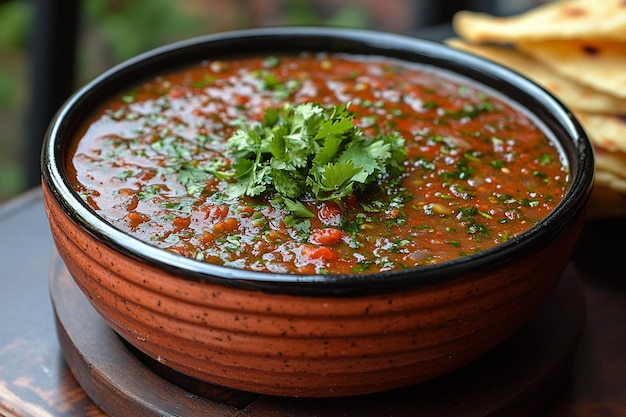 Chotpoti con una guarnición de cilantro fresco y salsa de tamarindo picante