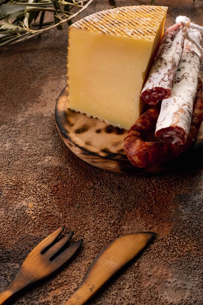 Chouriço fuet curado, queijo, salsicha da espanha. lanche de salsicha de salame. copie o espaço. mesa de madeira.