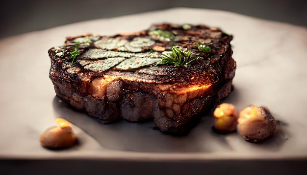 Chouriço médio suculento Beef Rib Eye em um corte tradicional em uma placa de madeira com especiarias de ervas e sal