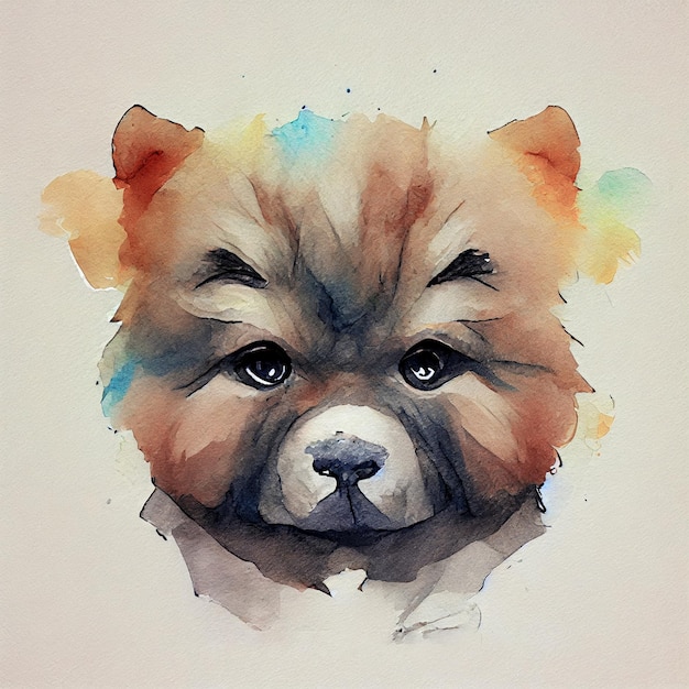 Chow Chow. Adorable cachorro de perro. Ilustración de acuarela con manchas de color. Todas las razas de perros