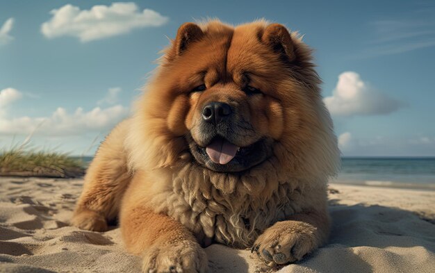 Chow Chow está sentado na praia profissional publicidade post foto ai gerado