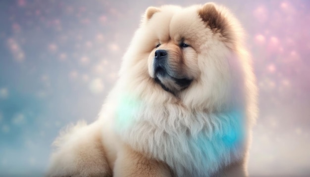 Chow Chow Perro Plano medio Blanco Rosa Azul Fantasía mágica Bokeh IA generativa