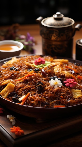 Chowmein con plato negro fondo de pantalla UHD