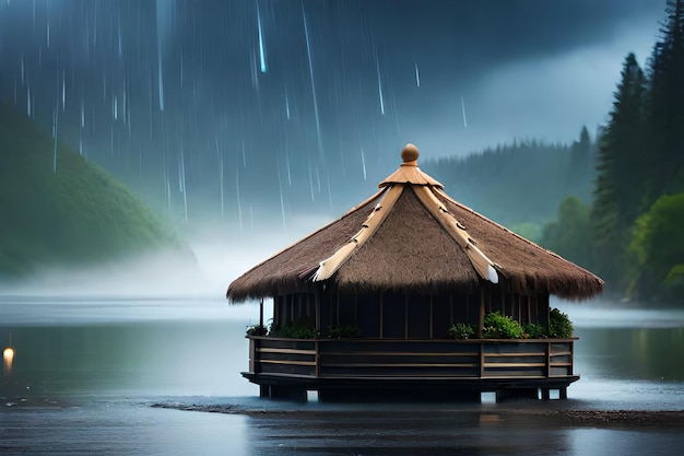 Una choza bajo la lluvia con un fondo tropical