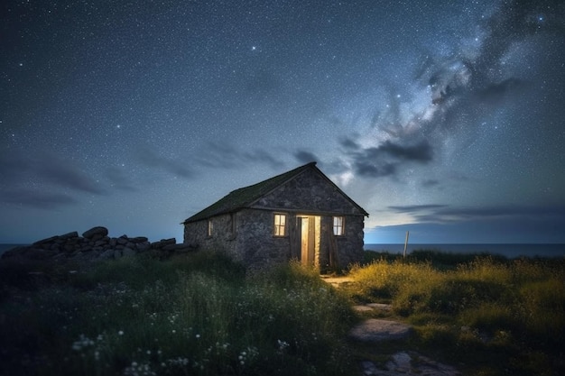 choza negra sobre el cielo estrellado