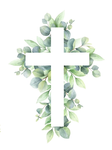 Christentum Kreuz aus grünen Eukalyptusblättern Ostern katholisches religiöses Symbol Illustration