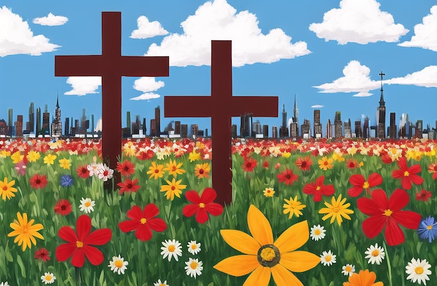 Christian Cross en medio del campo de flores Viernes Santo Domingo de Ramos Concepto Ai Generado