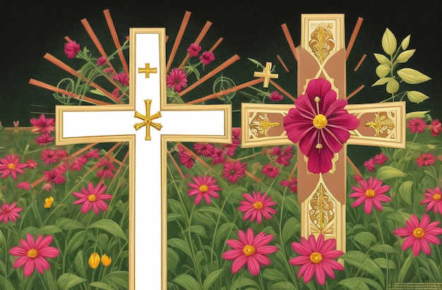 Christian Cross no meio do campo de flores Good Friday Palm Sunday Concept Ai Generated