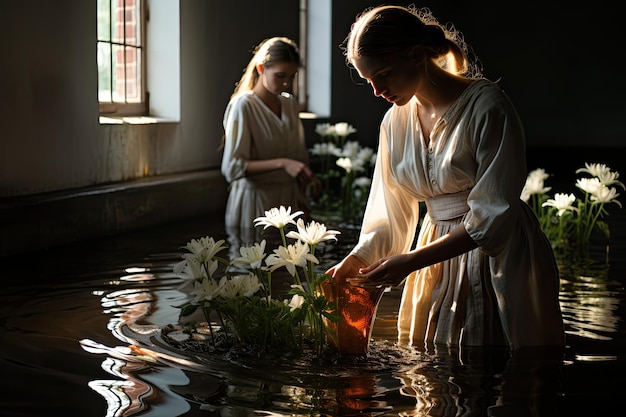 Christliche Kapitulation Wasser Emotion und weiße Roben bei der Taufe Zeremonie generative IA