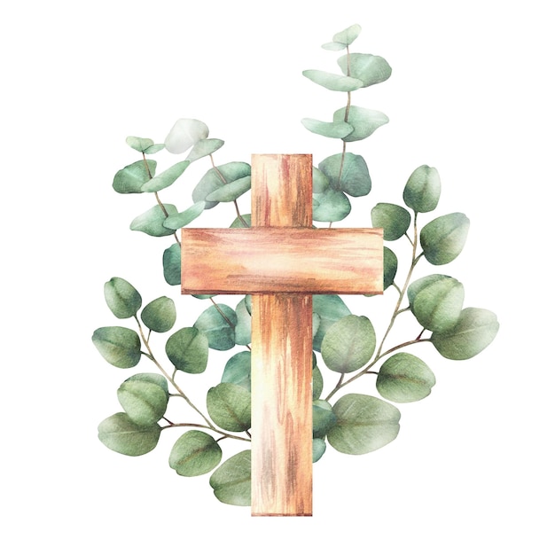 Christliche Religion Kreuz mit Eukalyptuspflanze grüne Zweige religiöse Aquarelle handgezeichnet