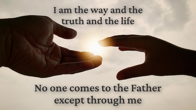 Christliches Gebet mit ans Licht reichender Hand Ich bin der Weg und die Wahrheit und das Konzept der Lebensreligion