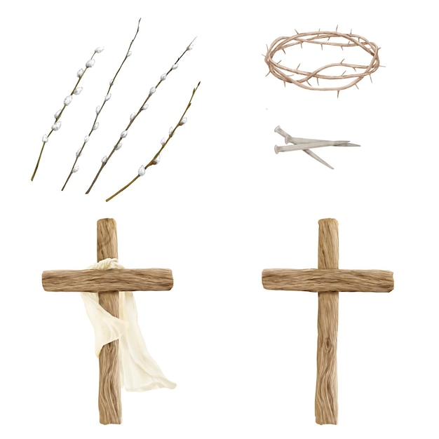 Christliches Holzkreuz mit Mantel und Dornenkrone mit Nägeln in Set Aquarellillustration