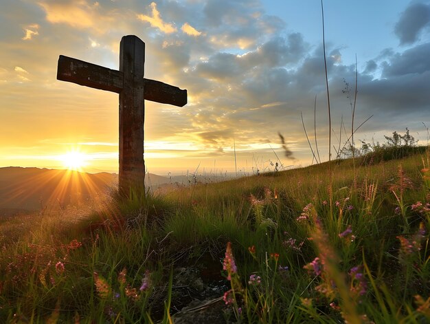 Foto christliches kreuz auf dem berggipfel beim sonnenuntergang