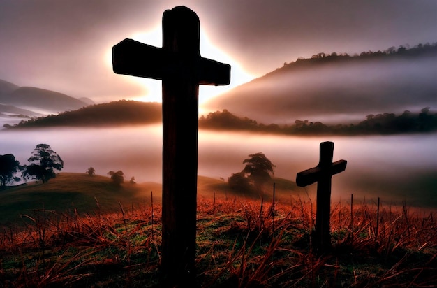 Foto christliches kreuz auf hügel bei nebel christliches kreuz in der natur generative ki