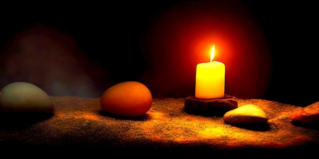 Christliches Kreuz in der Natur kleines Grab mit Steinen und brennenden Kerzen auf dunkler Oberfläche realistisch