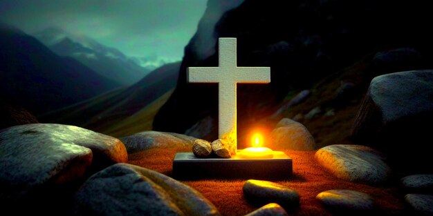 Christliches Kreuzstein auf der Bergseite und ein kleines Grab mit brennender Kerze auf dunkler Oberfläche