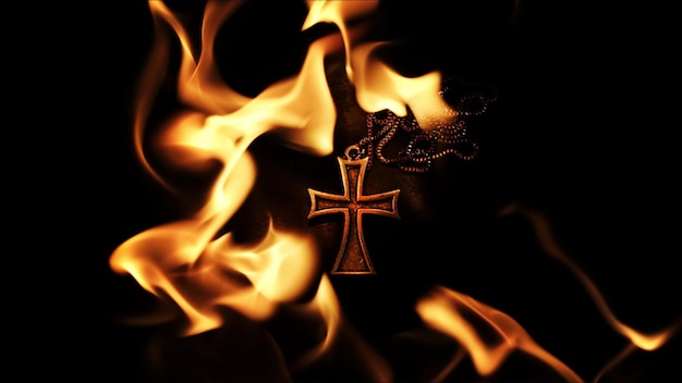 Christliches Religionssymbolkreuz auf Feuerflammen