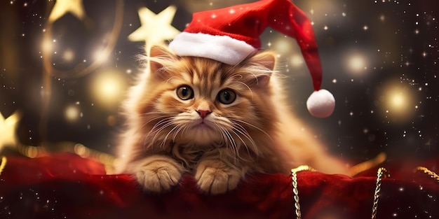 Christmas Cat in Santa Hat Banner tarjeta de felicitación póster compras de vacaciones de invierno IA generativa