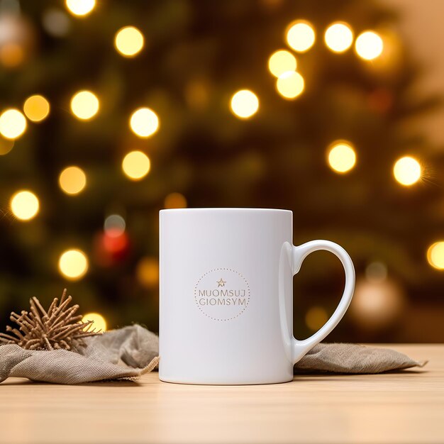 Christmas Elegance Blank White Mug Mockup em cenário festivo