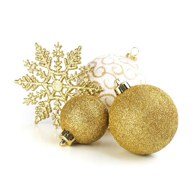 Christmas Gold Snowstar y bolas aislado en blanco