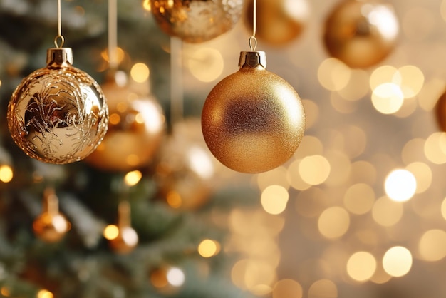 Foto christmas tree and golden christmas balls on abstract defocus background with bokeh