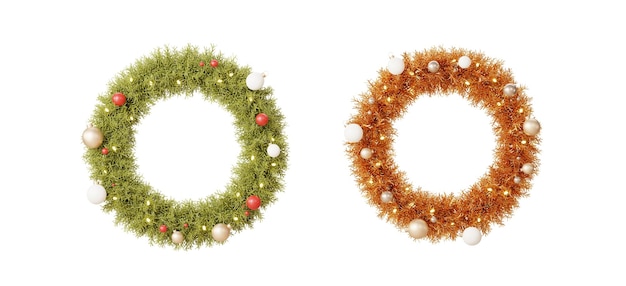 Christmas Wreath Ornament Dekoration Set Sammlung für Mock-up oder Web-Banner 3D-Render isoliert auf weißem Hintergrund Weihnachtsfeier