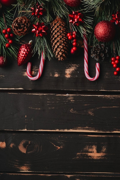 Christmass flatlay juguetes de árbol de navidad rojo, decoración navideña y abeto brance en backgrou de madera