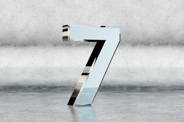 Chrom 3d Nummer 7. Glänzende Chromnummer auf zerkratztem Metallhintergrund. Metallisches Alphabet mit Studiolichtreflexionen. 3D gerenderte Schriftzeichen.