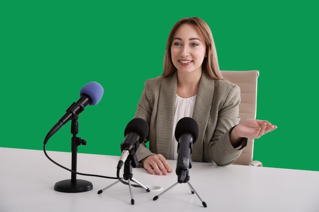 Chroma-Key-Compositing Frau gibt während der Pressekonferenz ein Interview. Greenscreen hinter ihr