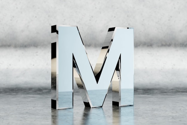 Chrome 3d letra M maiúscula. Carta de cromo brilhante em fundo de metal arranhado. Alfabeto metálico com reflexos de luz de estúdio. Personagem de fonte renderizada 3D.