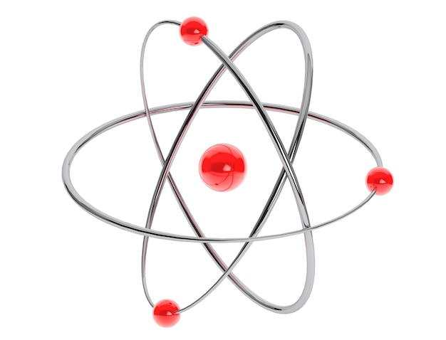 Chrome Atom, Molekül-Symbol auf weißem Hintergrund. 3D-Rendering