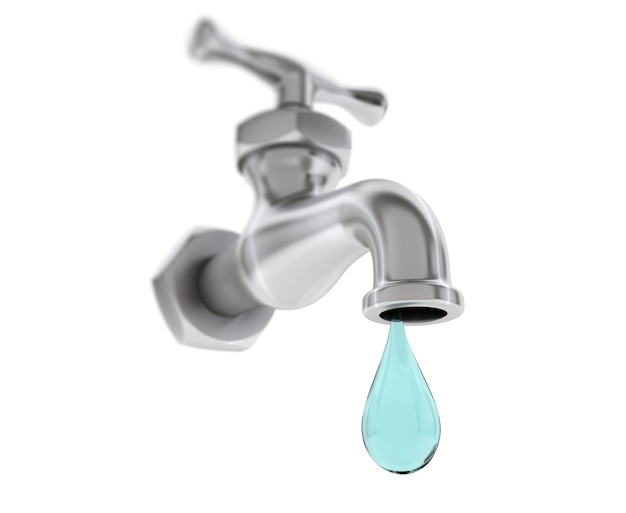 Chrome Wasserhahn mit Tropfen auf weißem Hintergrund