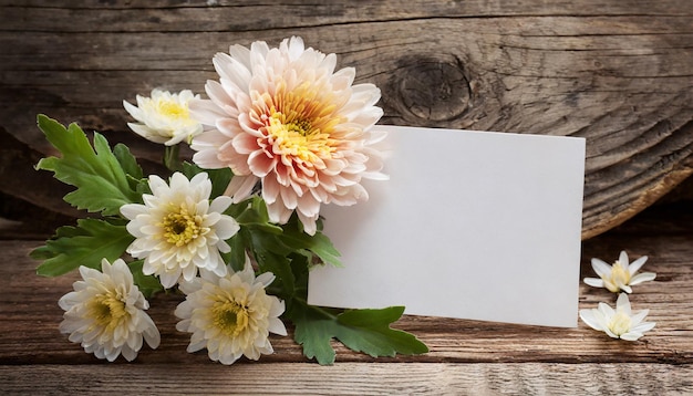 Foto chrysanthemenblume mit leerer karte auf altem holzhintergrund