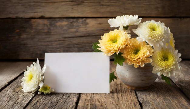 Foto chrysanthemenblume mit leerer karte auf altem holzhintergrund